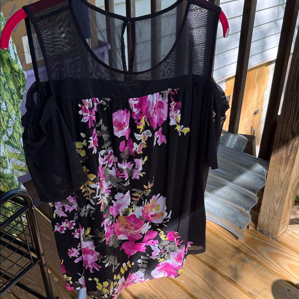 INC Women’s 1X Cold-Shoulder pink Floral Mesh Yoke Blouse nylon lined